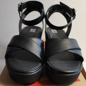 FitFlop Pilar Black Crossover Leather Ankle-Strap Platform Sandals Size 8